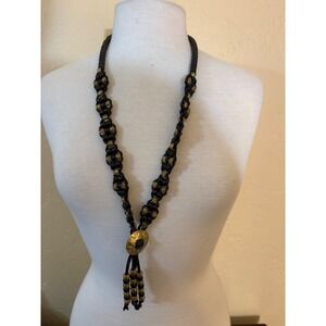 Vintage Black Gold Macrame Beaded Lariat Necklace Star Medallion Tassel Long